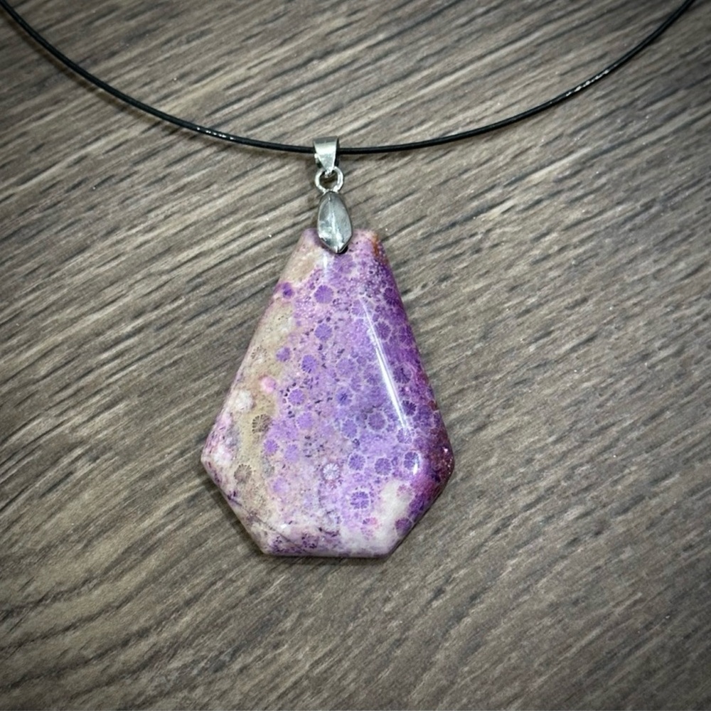 Purple Chrysanthemum Coral Fossil Shield Pendant Necklace – One of a Kind - Picture 1 of 10